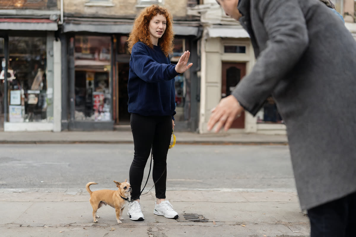 A woman stepping between her small dog and a stranger reaching to pet it