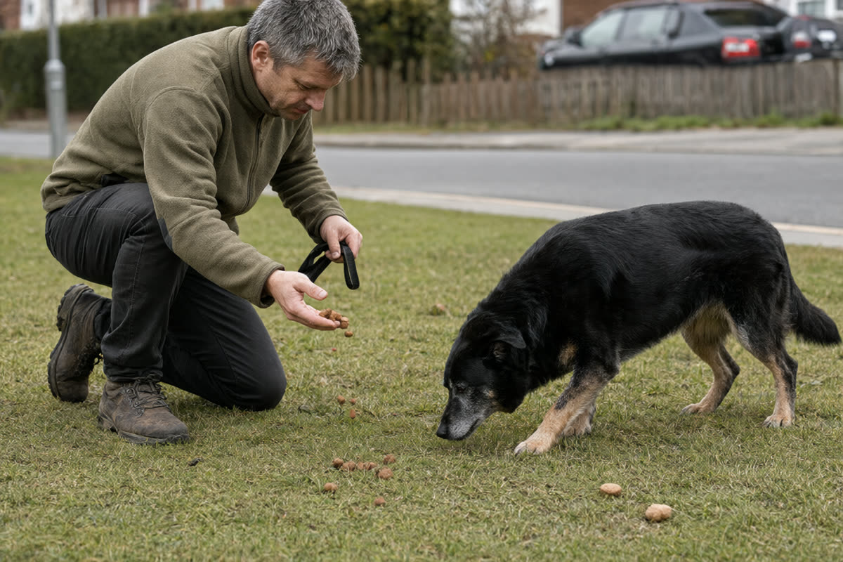 A man scattering treats on grass while his dog sniffs for them